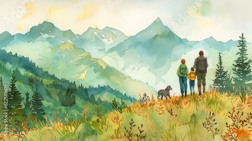 The family is hiking in the mountains. They are enjoying the beautiful scenery and the fresh air. The dog is running ahead of them, exploring the new sights and smells.