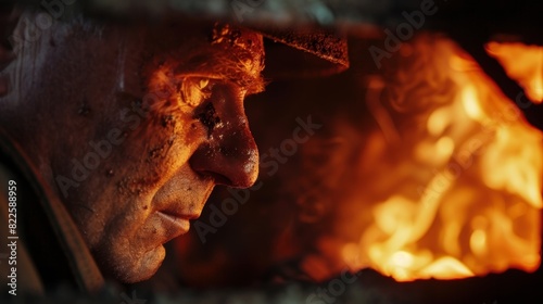 The glow of the furnace reflecting in the stokers eyes as he stares into the depths of the fire.