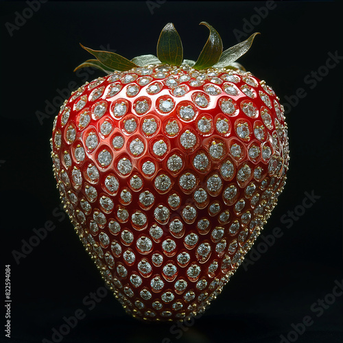 A strawberry covered in glittering diamonds, positioned against a black background. This striking image merges organic elements with high-end aesthetics.