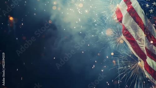 American flag waving against a backdrop of colorful fireworks and bokeh lights, capturing the festive spirit of Independence Day and patriotic celebrations.