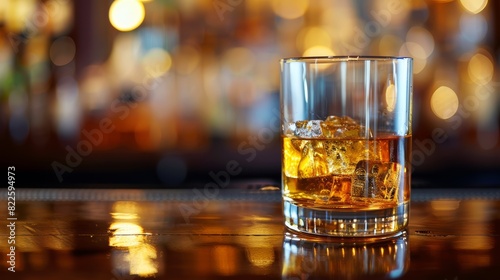 Glass of whiskey with ice on bar counter with colorful bokeh lights in the background. Close-up shot. Nightlife and beverage concept