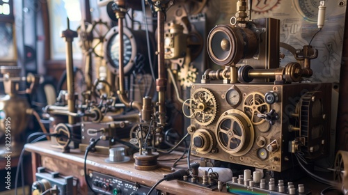 Vintage steampunk ham radio setup with brass gears evokes nostalgic charm and a sense of mechanical wonder.