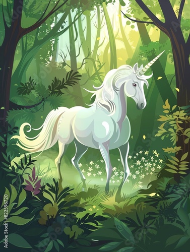 Unicorn Show a Unicorn gracefully trotting through an enchanted forest, its horn shimmering with magical light