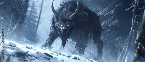 Wendigo Illustrate the Wendigo stalking its prey through a dark, snowy forest, its eyes glowing with hunger