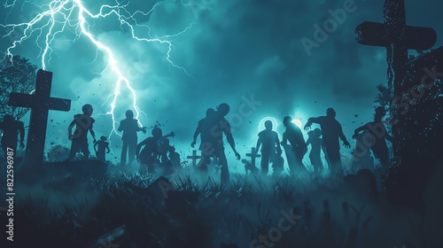Zombies Illustrate a horde of Zombies rising from their graves in an old cemetery, their decaying forms illuminated by lightning