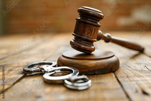 Gavel and Handcuffs on Wooden Table