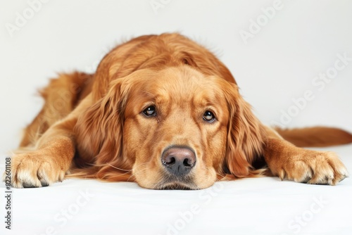 Dog White Background. Beautiful Brown Golden Retriever Laying Indoors