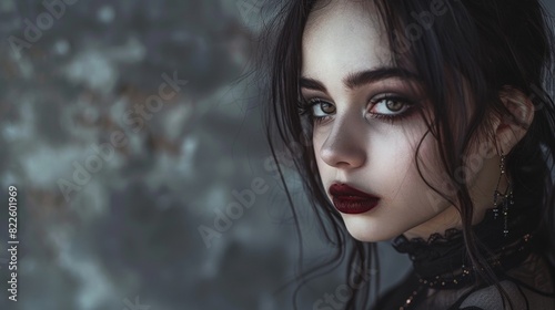 Striking portrait of a gothic woman with dramatic makeup and dark attire.