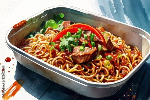 pork spicy instant Noodles in Disposable Paper Container AI generated