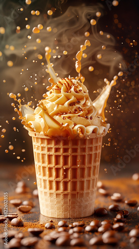 Waffle cup with coffee ice cream and caramel splashes on a dark background with coffee beans. Vertical image.