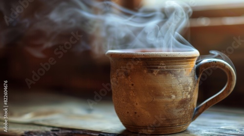 A clay mug filled with steaming herbal tea exuding a refreshing scent and inviting one to take a sip and unwind.