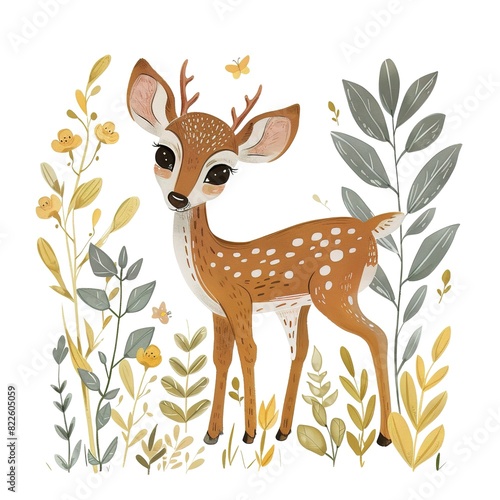 Cute fawn surrounded by plants and butterflies in nature-themed