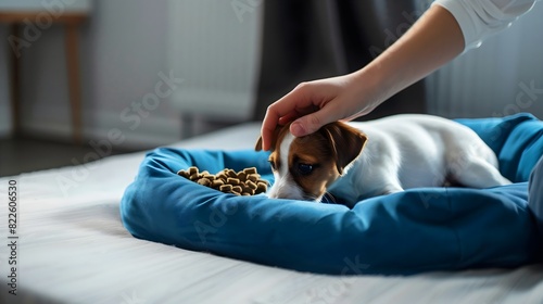 Hand petting jack russell terrier puppy in blue bed while eating dog treats kibble