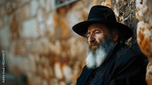 Elderly Jewish orthodox man in prayer, old jew in black praying near wailing wall, spiritual reflection faith and religion