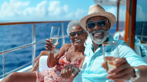 African American Couple Enjoying Cocktails on the Deck of a Luxury Cruise Ship. Generative AI.