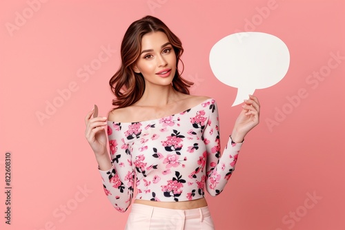 Photo of a charming lady in a cherry blossom print top holding a speech bubble, displaying empty space against a blush pink background, assorted postures