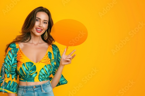 Photo of a delightful lady in a tropical print top holding a speech bubble, showcasing empty space against a sunny yellow background, diverse postures