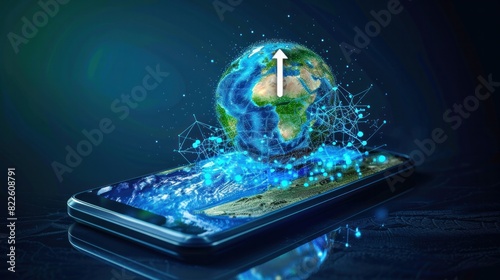 Digital world emerging from smartphone with GPS arrow pointing forward, blending reality and technology