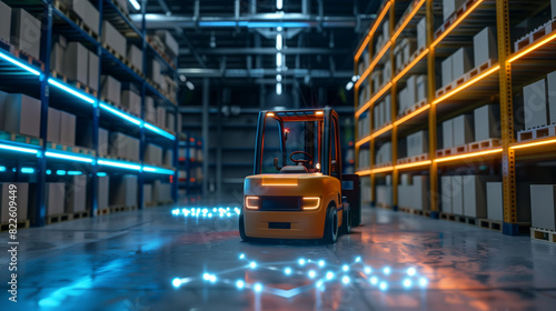 Forklift doing storage in warehouse by artificial intelligence automation. Robotics applied to industrial logistics. Generative AI.