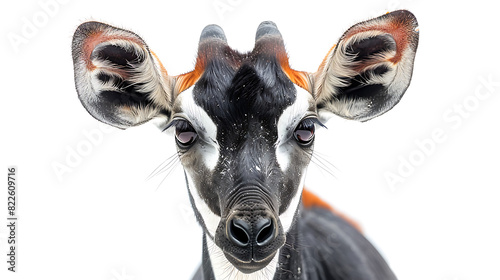 Okapi, Okapia johnstoni, artiodactyl giraffe African animal, portrait, close-up, isolated on white