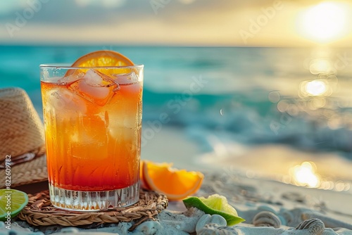 Glass of orange juice, straw hat, beach, refreshing drink, summer vibes