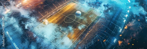 Ball flying over soccer stadium, illustration abstract image of the UEFA European Football Championship, Euro 2024