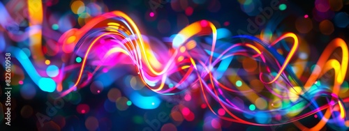 abstract light painting, colorful neon lines and dots, swirls, glow in the dark on a dark background Generative AI