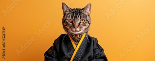 Tabby cat dressed in a black karate gi against an orange background, looking serious. Concept of martial arts and pet fashion.