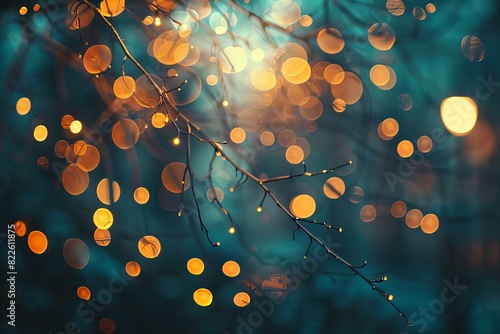 Tree branch with twinkling lights in background
