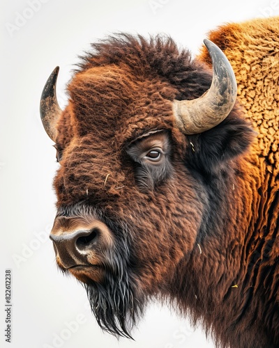 Mystic portrait of American Bison, copy space on right side, Anger, Menacing, Headshot, Close-up View Isolated on white background