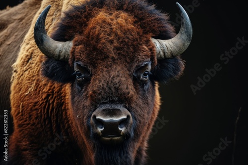 Mystic portrait of American Bison, copy space on right side, Anger, Menacing, Headshot, Close-up View Isolated on black background