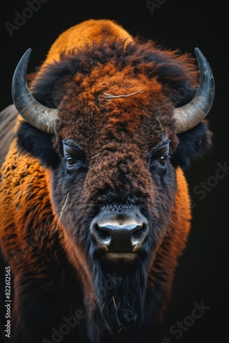 Mystic portrait of American Bison, copy space on right side, Anger, Menacing, Headshot, Close-up View Isolated on black background