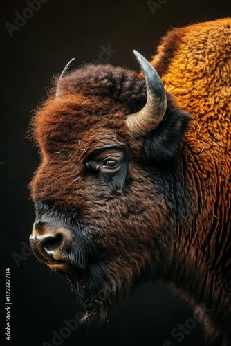 Mystic portrait of American Bison, copy space on right side, Anger, Menacing, Headshot, Close-up View Isolated on black background