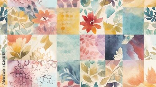 Seamless watercolor floral pattern. Square vintage patchwork tile with flowers. Neutral multicolor watercolor ornament painted with paint on paper. Handmade. Print for textiles. grunge texture.