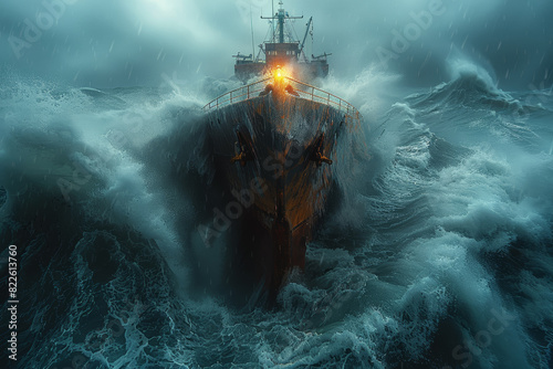 A sinking ship engulfed by stormy seas, evoking the perilous nature of a crisis situation. Concept of maritime crisis and disaster management. Generative Ai.