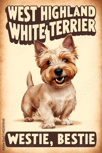 A West Highland White Terrier, also known as a Westie. Top text "West Highland White Terrier". Bottom text "Westie, Bestie. The background is a warm, vintage-style beige.