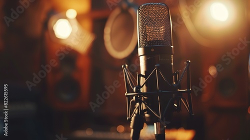 Close-up of microphone and control panel on the background of a professional recording studio. Microphone stand with a condenser for records vocals, speakers and sound of musical instrument