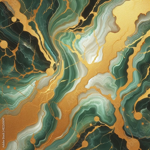 Luxurious Green and Gold Marbled Abstract Art