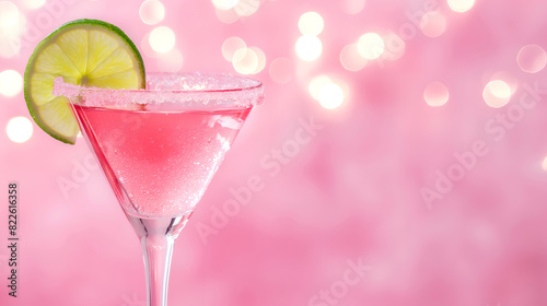 Refreshing pink cocktail with lime and sugar rim on a bokeh background. Pink martini against pink bokeh background, copy space. Pink drink with a lime garnish, perfect for a festive occasion