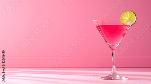 Classic pink martini with a lime wheel on a vibrant pink background, copy space. Stylish pink cocktail served in an elegant martini glass on pink. Pink drink, perfect for stylish celebrations
