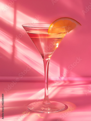 Elegant martini with orange slice, highlighted by pink shadows. Stylish pink martini cocktail in a sleek glass with dramatic pink lighting. Pink drink served with a slice of orange in a soft pink glow