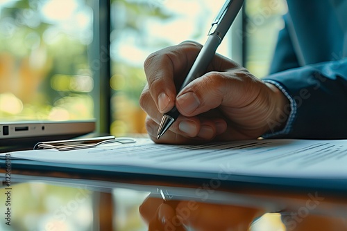 Person writing paper pen hand table desk