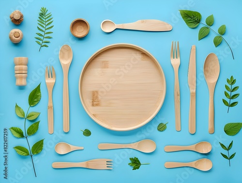 Sustainable Dining Biodegradable Wooden Cutlery on EcoFriendly Bluesky Backdrop