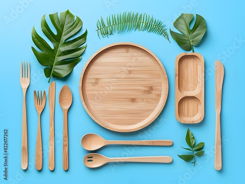 Sustainable Dining Biodegradable Wooden Cutlery on Ecofriendly Bluesky Background for Environmentally Pleasing Events