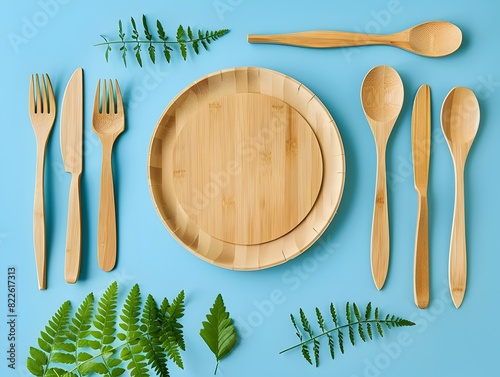 Sustainable Dining Biodegradable Wooden Cutlery Set on Ecofriendly Bluesky Background