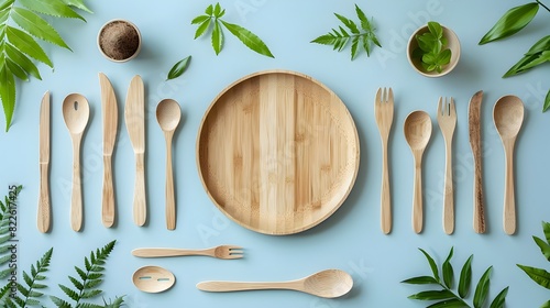 Sustainable Dining Options Biodegradable Wooden Cutlery on Ecofriendly Bluesky Background