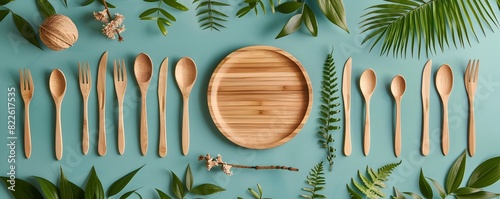 Sustainable Dining Biodegradable Wooden Cutlery on Ecofriendly Bluesky Background