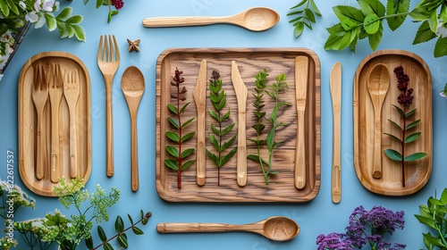 Sustainable Dining Options Biodegradable Wooden Cutlery and Plates on EcoFriendly Bluesky Background