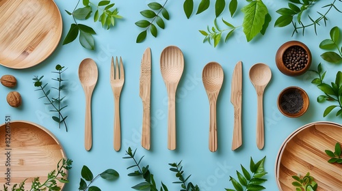 Sustainable Dining Biodegradable Wooden Cutlery and Plates on Ecofriendly Bluesky Background