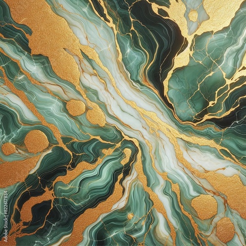 Luxurious Green and Gold Marbled Abstract Art